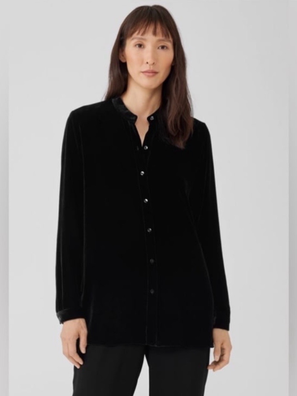 Eileen Fisher silk blend Velvet Band Collar Long Shirt dark forest green black
